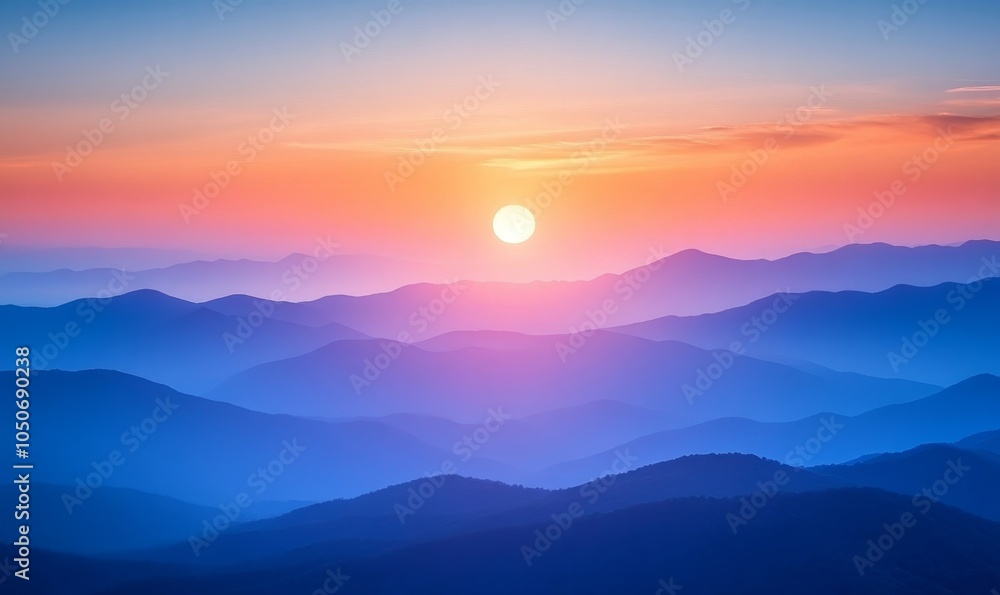 Obraz premium Mesmerizing Sunrise Over Blue Mountains: Serene Morning Horizon, Nature's Tranquility, Smartphone Background, Generative AI