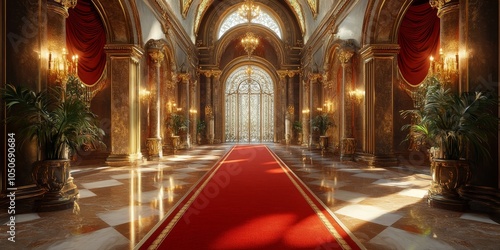 Regal Entrance: Red Carpet Pathway to Royal Thrones within Majestic Castle, Generative AI photo