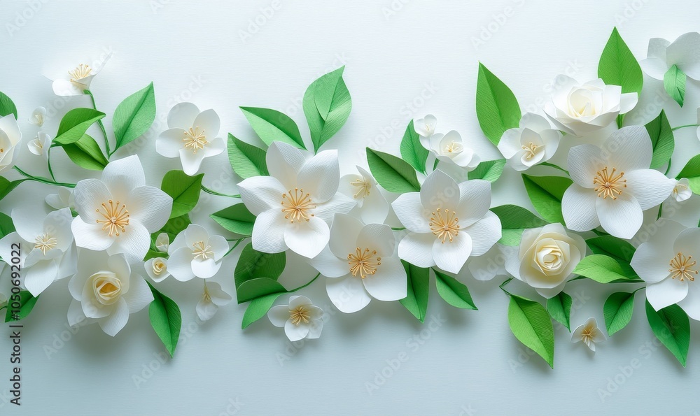 Obraz premium White Paper Cut Jasmine Flowers with Green Leaves on Light Background - Spring Origami Abstract Art, Botanical Blossom Decor, Creative Floral Design Element for Craft and Stationery, Generative AI