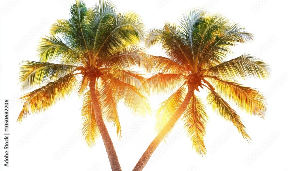 Isolated Coconut Palm Trees with Golden Sunrise Light on White Background - Tropical Nature Theme, Exotic Vacation Symbol, Summer Beach Vibes, Generative AI Isolated Coconut Palm Trees with Golden Sunrise Light on White Background - Tropical Nature Theme, Exotic Vacation Symbol, Summer Beach Vibes, Generative AI