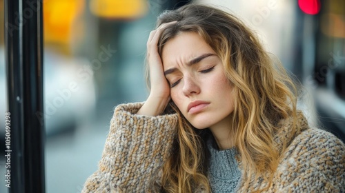 Wallpaper Mural A Young Woman with Blonde Hair Wearing a Knitted Sweater, Holding Her Head, with a Focused Look Torontodigital.ca
