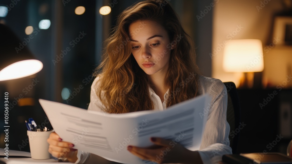 Businesswoman Reviewing Documents at Night
