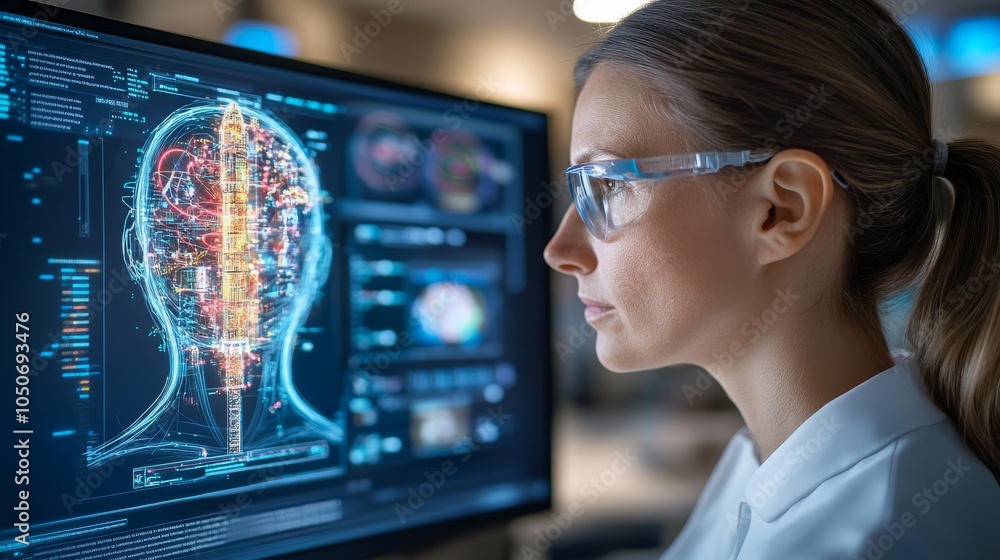 Focused on Innovation: A female scientist, wearing protective glasses, stares intently at a computer monitor displaying a digital brain scan.