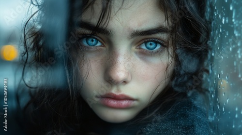 Close-up Portrait of a Young Woman with Blue Eyes, Freckles, and Long Dark Hair Against a Rainy Window photo