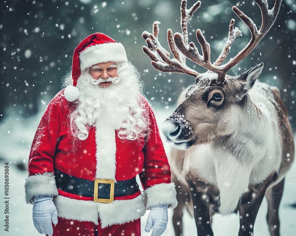 Santa Claus in his bright red suit, joyfully standing beside his loyal reindeer in a winter wonderland, snow gently falling around them. Santa Claus in his bright red suit, joyfully standing beside his loyal reindeer in a winter wonderland, snow gently falling around them.
