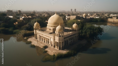 A drone aerial view of a historic building from the 700s that demonstrates intricate Islamic architecture, including large arched windows, white walls with gold detailing, a grand dome, and multiple m