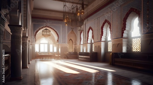 a mosque that was once a 700-year-old, with intricate Islamic architecture, a large arched window that offers a peaceful view of the Nile River and lush greenery photo