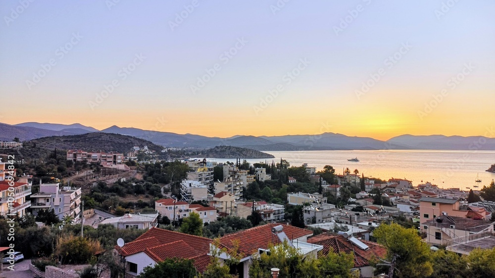 Obraz premium Tolo, Greece. Sunrise and beautyful view from hotel room.