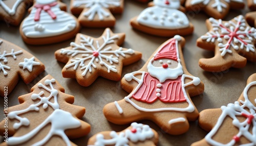 Decorated Christmas Gingerbread Cookies in Festive Shapes