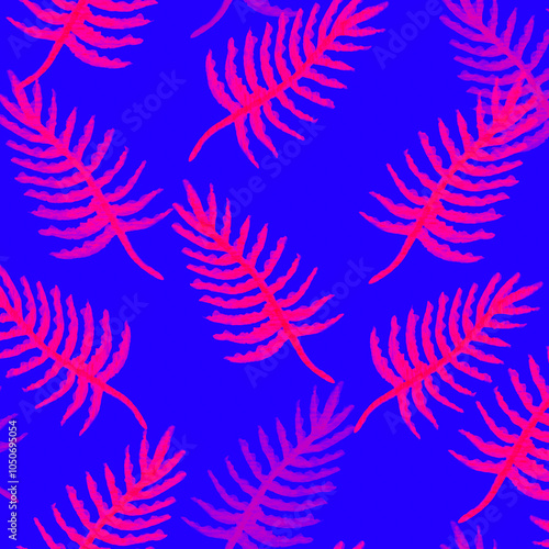 Fashion Tropical Palm Tree Background. Exotic Tropical Jungle. Purple Palm Leaf Drawing. Retro Hawaiian Print. Black Leaves Pattern. Coral Engraved Botanic. photo