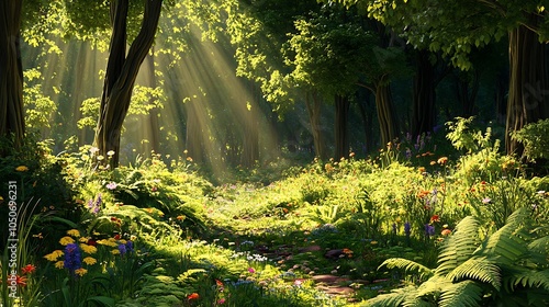 A tranquil forest glen with sunlight streaming through the trees, casting dappled light on a bed of ferns and wildflowers  photo