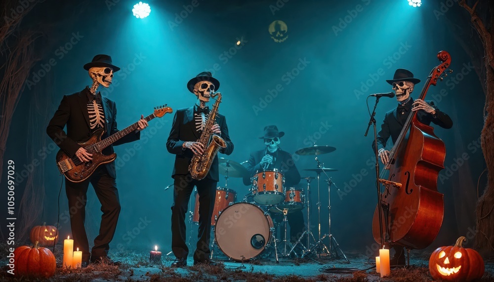 Fototapeta premium Skeleton Band Performing Jazz in Spooky Forest with Halloween Decorations and Glowing Pumpkin Atmosphere