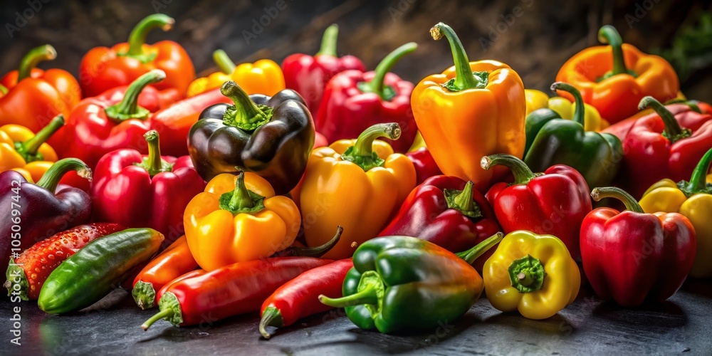 Ripe Juicy Peppers Harvest - Vibrant Top View on Dark Background for Culinary and Gardening Themes Ripe Juicy Peppers Harvest - Vibrant Top View on Dark Background for Culinary and Gardening Themes