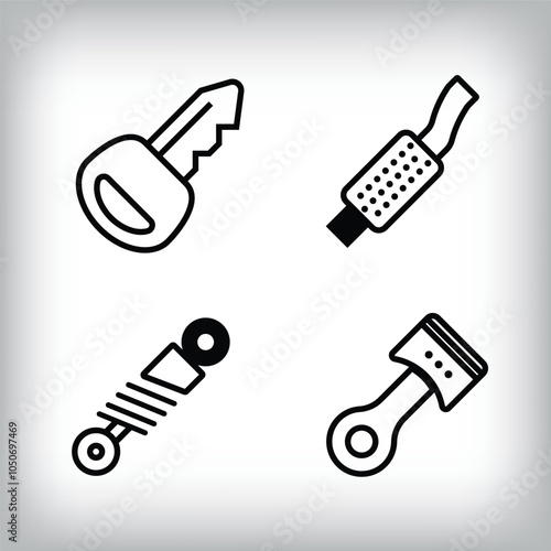 Linear 4 vehicle icon set. switch, exhaust and suspension vehicle parts and design icon set.