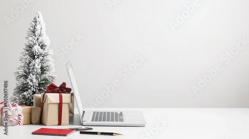 A minimalist Christmas office setup with a laptop, snow-covered mini tree, wrapped gifts with red ribbons, and candy canes on a white desk, adding a festive touch to a professional workspace
