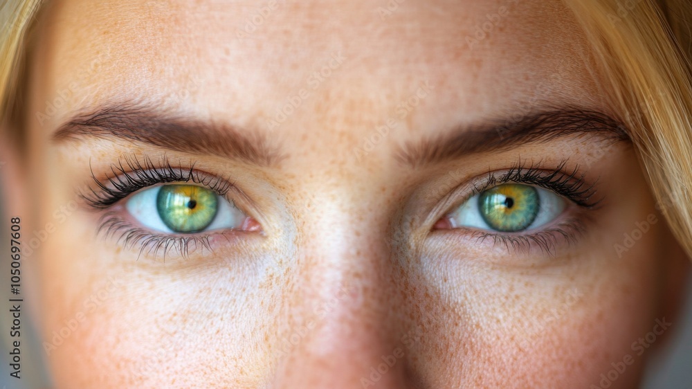 Close-up of a woman's green eyes with freckles and blonde hair Close-up of a woman's green eyes with freckles and blonde hair
