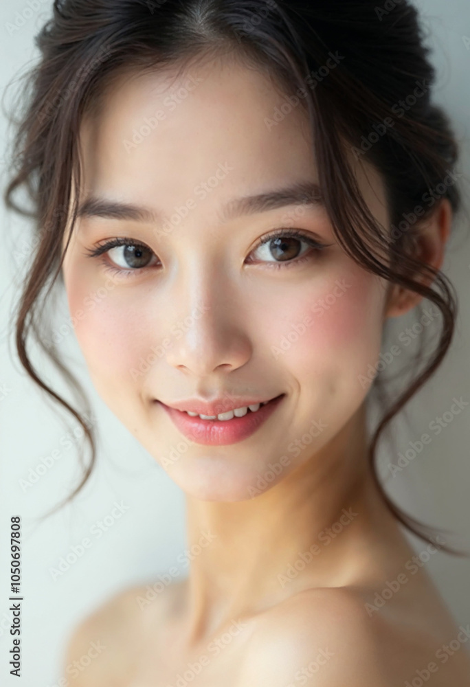 Naklejka premium A captivating close-up portrait of an Asian woman showcases her radiant beauty and confidence.