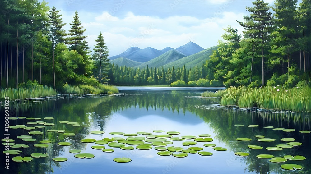 Fototapeta premium A tranquil forest lake with lily pads floating on the surface, surrounded by tall pines and a distant mountain range reflected in the calm water