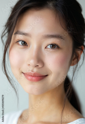 A captivating close-up portrait of an Asian woman showcases her radiant beauty and confidence.