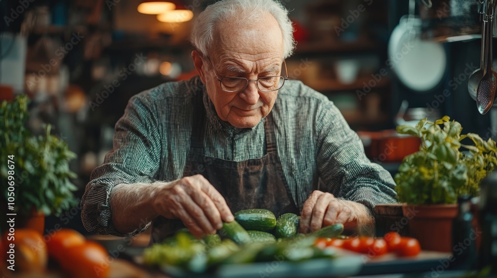 Elderly Man Preparing Fresh Vegetables Elderly Man Preparing Fresh Vegetables
