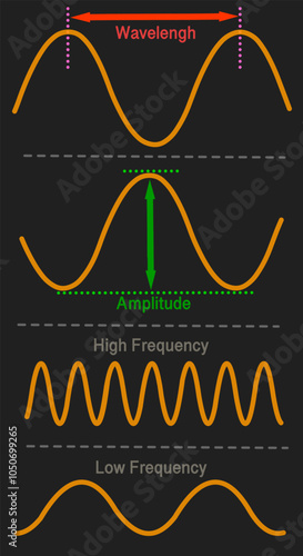 Amplitude, wavelength, wave diagram anatomy. High, low frequency, examples. Longitude, compression. laws propagation.  Dark vertical background. Yellow line rhythmic. Vector illustration	