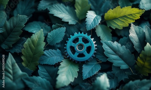 ISO 14001 Environmental Management System Concept: Gear Set Among Blue and Green Leaves Representing Sustainable Practices and Reduced Environmental, Generative AI