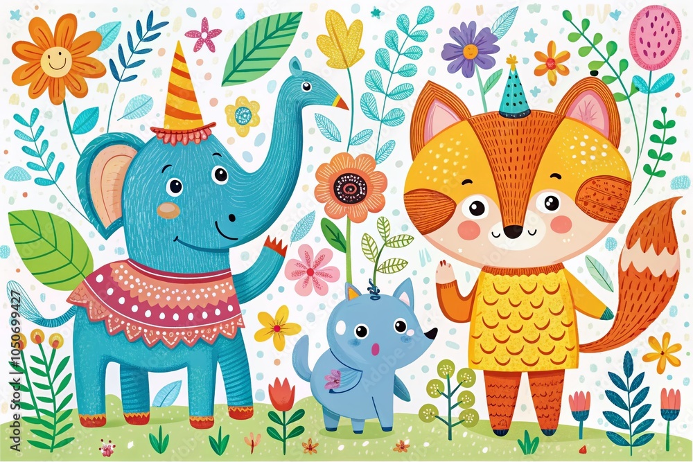 Fototapeta premium Scandinavian Animal Alphabet for Kids: Cute Elephant, Fox, Bear, Unicorn in Hand-Drawn Style