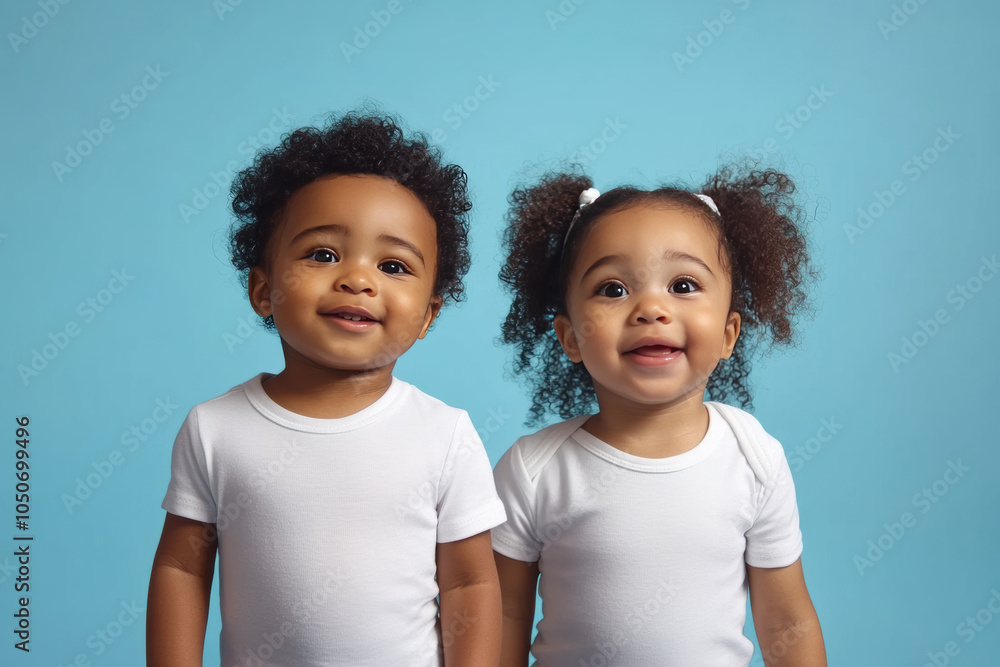 photo of Afro american toddler curly hair boy and girl on blue background photo of Afro american toddler curly hair boy and girl on blue background