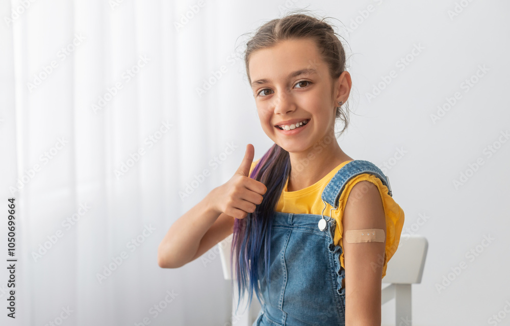 Effective Covid Vaccine Against New Delta Variant. Portrait Of Cheerful Smiling Adolescent Patient Showing Vaccinated Arm With Sticking Patch On Her Shoulder After Getting Shot And Thumb Up Gesture Effective Covid Vaccine Against New Delta Variant. Portrait Of Cheerful Smiling Adolescent Patient Showing Vaccinated Arm With Sticking Patch On Her Shoulder After Getting Shot And Thumb Up Gesture