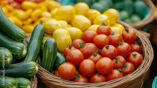 Basket of Fresh Tomatoes, Zucchini, and Yellow Squash