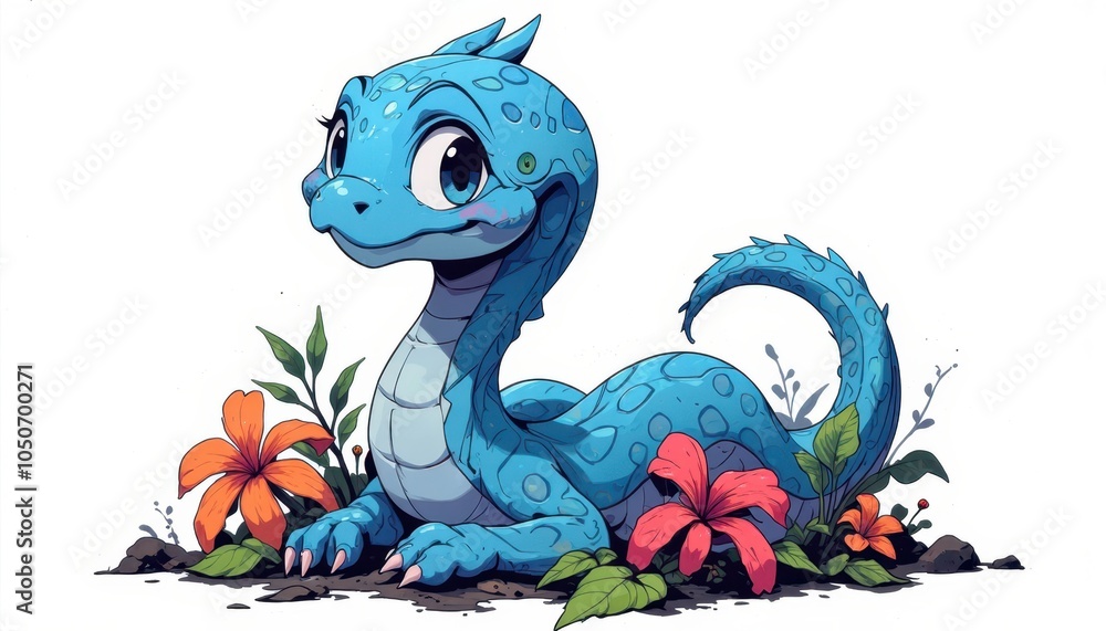 Fototapeta premium Blue Cartoon Snake with Flowers in a Nature Scene