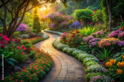 Serene Long Exposure of a Garden Pathway Surrounded by Lush Landscaping and Vibrant Flowers for Tranquil Outdoor Scenes