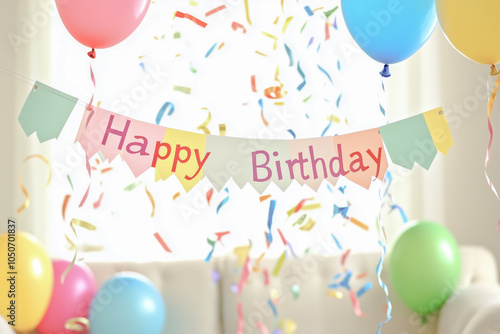 Colorful Happy Birthday banner strung across a living room wall, with balloons and streamers adding to the festive atmosphere of the celebration.