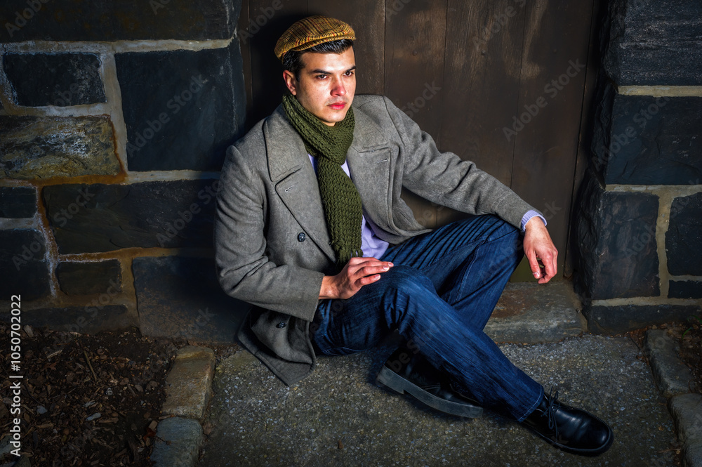 A man sits against a stone wall, dressed in a wool coat, scarf, and cap. The scene has a moody atmosphere with contrasting lighting highlighting the textures of the stone and the fabric of his clothes