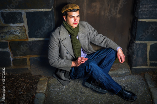 Obraz na płótnie A man sits against a stone wall, dressed in a wool coat, scarf, and cap. The scene has a moody atmosphere with contrasting lighting highlighting the textures of the stone and the fabric of his clothes w salonie