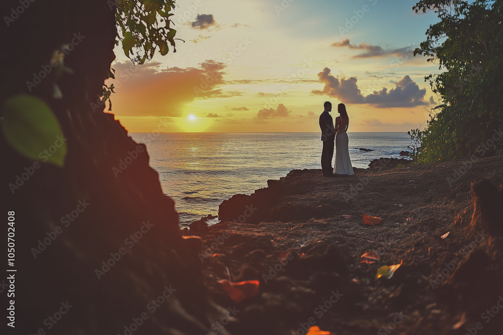 Fototapeta premium Destination wedding invitation card featuring stunning photographs of the scenic wedding location and travel details for guests, inviting them to join the celebration
