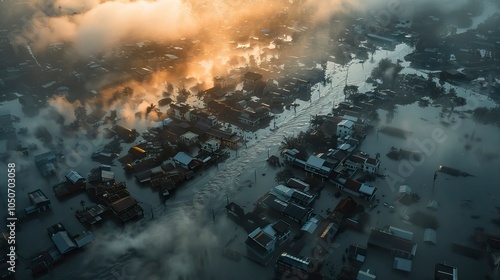 A flood affected city From Drone, realistic image, disaster recovery, recovery