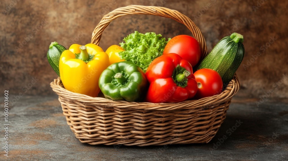 A wicker basket overflowing with fresh vegetables, including bell peppers, tomatoes, zucchini, and lettuce A wicker basket overflowing with fresh vegetables, including bell peppers, tomatoes, zucchini, and lettuce