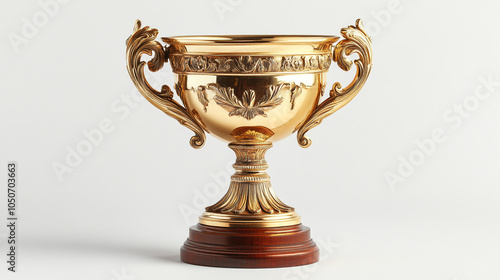 Gold Trophy Cup with Ornate Design on Wooden Base Award Ceremony Symbol