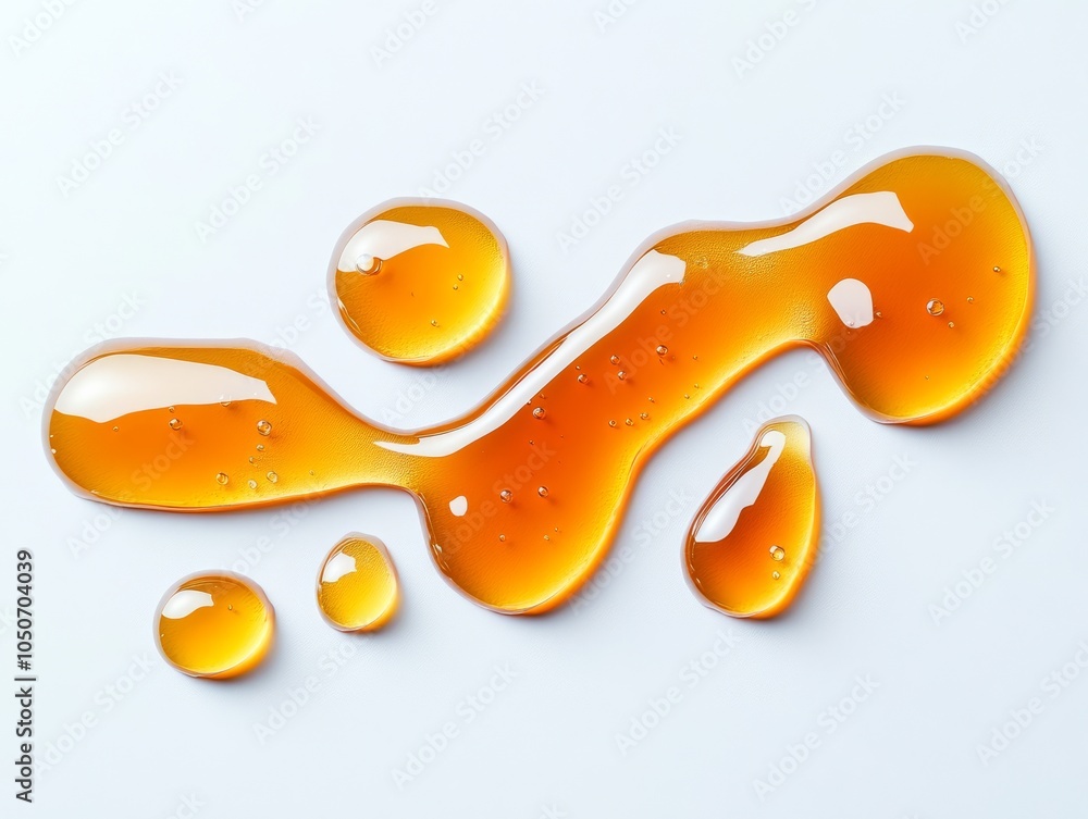 Close-up of golden honey or syrup droplets on a white surface, showcasing the rich, viscous texture ideal for sweet food themes.. Close-up of golden honey or syrup droplets on a white surface, showcasing the rich, viscous texture ideal for sweet food themes..