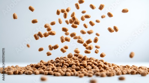 Dry pet food kibbles falling onto a pile, illustrating a fun and dynamic view of dog or cat food for pet nutrition concepts.. photo