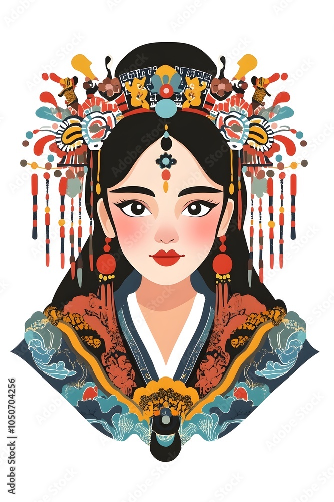 A stunning illustration of a young Asian woman adorned with traditional colorful accessories and a regal headdress, embodying elegance and cultural heritage. A stunning illustration of a young Asian woman adorned with traditional colorful accessories and a regal headdress, embodying elegance and cultural heritage.