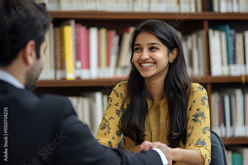 Happy young Indian student girl getting job, shaking hands with male employer in library, entering internship program, smiling, laughing, thanking teacher for educational training course