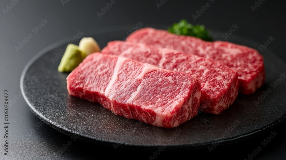 Close-up of marbleized cubes of premium Wagyu beef on a black plate, ideal for high-end culinary and gourmet meat presentations.. Close-up of marbleized cubes of premium Wagyu beef on a black plate, ideal for high-end culinary and gourmet meat presentations..