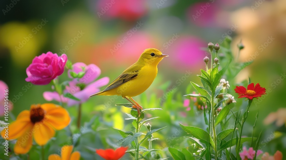 Obraz premium Yellow Warbler Flitting Among Flowers in Garden