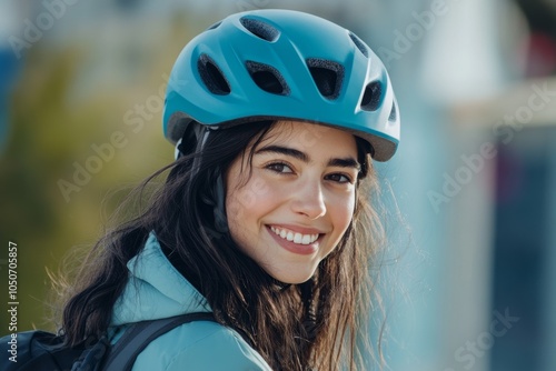 Joyful young woman smiles while putting on her bicycle helmet before cycling outdoors in urban surroundings