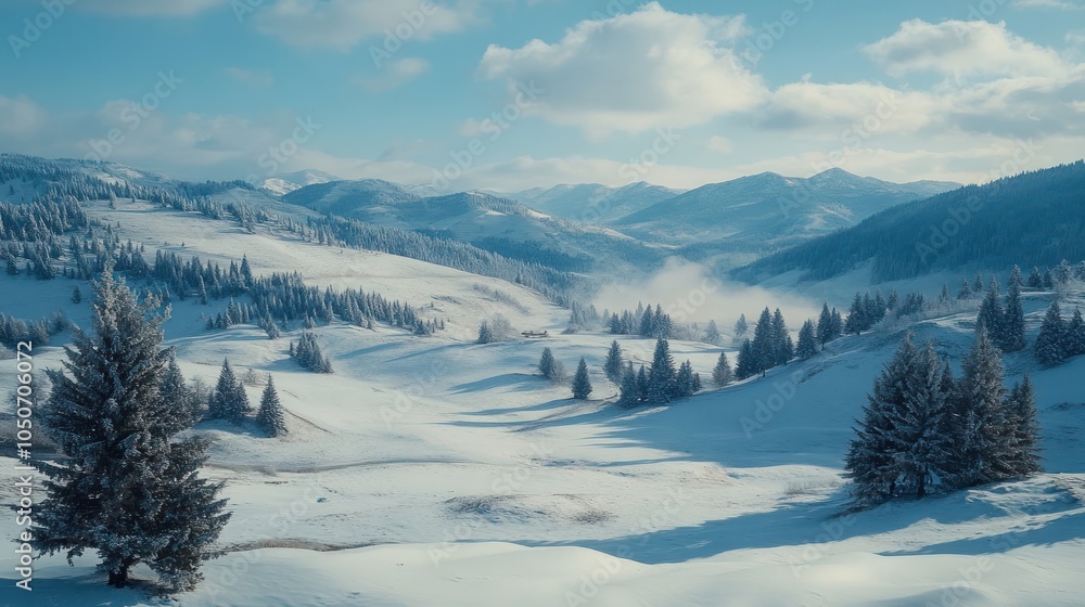 A snowy mountain valley with a dusting of frost on the evergreen trees and a clear blue sky above. A snowy mountain valley with a dusting of frost on the evergreen trees and a clear blue sky above.