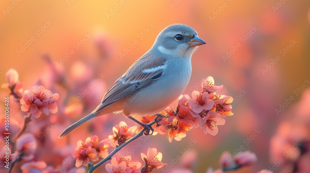 A small sparrow bird perched on a branch of a flowering tree with a soft pink and orange background. A small sparrow bird perched on a branch of a flowering tree with a soft pink and orange background.