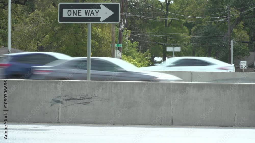 One Way sign by Highway Traffic in Austin, Texas 10/24/2024 
