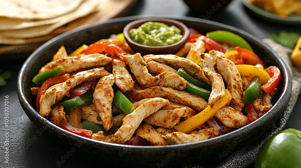 A Flavorful Fajita Platter. A sizzling platter of chicken or beef fajitas served with peppers and onions A Flavorful Fajita Platter. A sizzling platter of chicken or beef fajitas served with peppers and onions